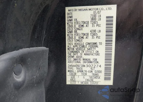 2008 Nissan Titan Se z USA, uszkodzony, nr VIN 1N6AA06C58N307274